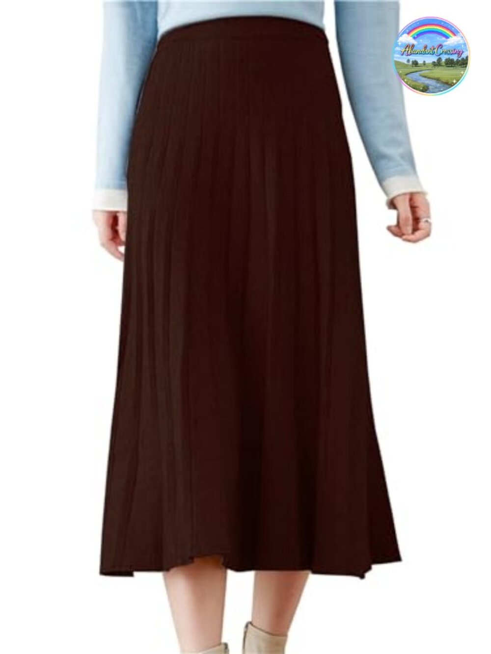 Pleated Knit Midi Skirt Elastic High Waist A-Line Polyester Blend